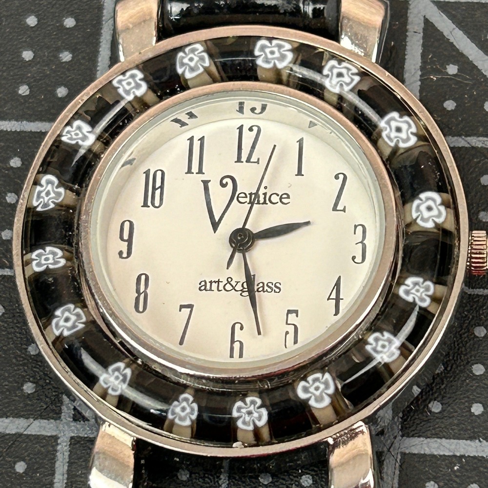 Venice‎ Art & Glass Millefiori Floral Bezel Watch Black Croc Strap Stainless